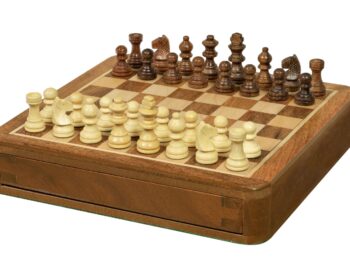 Szachy MAGNETYCZNE 18 cm z intarsjowaną szachownicą i szufladką na figury