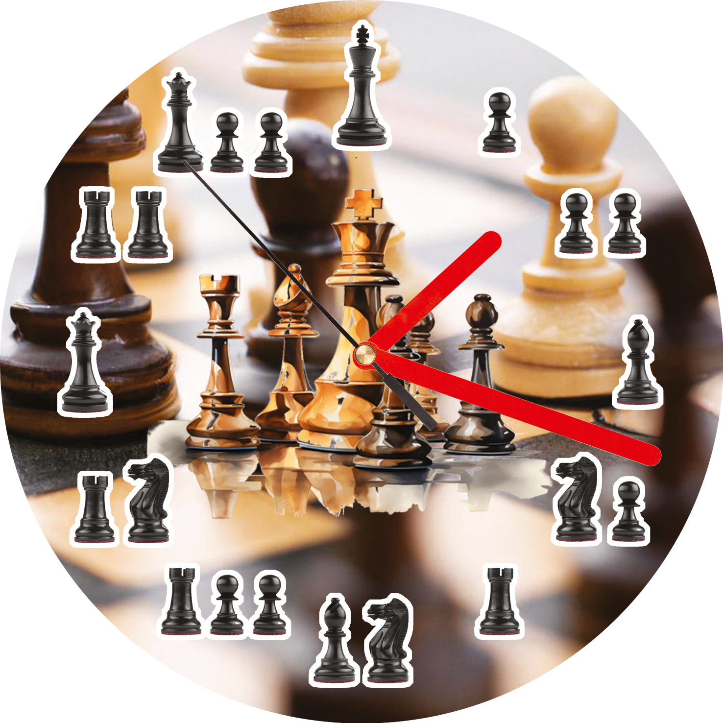 Zegar na ścianę z motywem szachowym - czerwone wskazówki, figury zamiast cyfer.