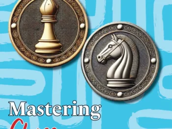 Niebieska okładka książki Mastering Chess Exchanges Jacoba Aagaarda i Reniera Castellanosa z motywem gońca i skoczka