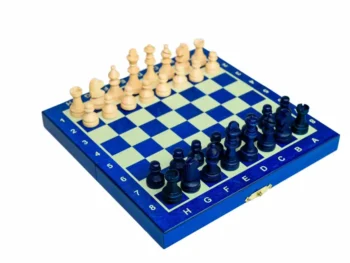 Szachy magnetyczne drewniane Mini 20 cm – niebieskie, podróżne