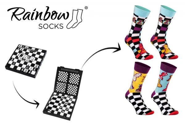 Skarpetki szachowe Rainbow Socks 41-46 – 2 pary w pudełku. Dwie pary skarpet i pudełko stylizowane na szachownicę.